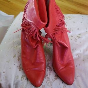 Casadie Red Italian Leather Fringe Ankle Boots